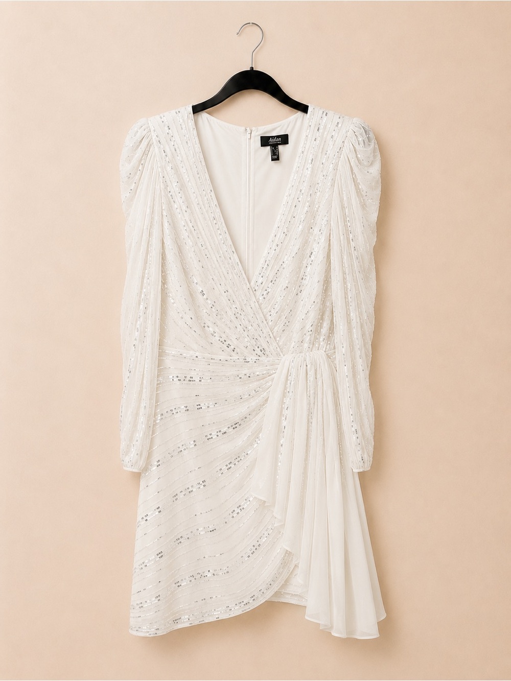 Adain Mattox Glamorous Long Sleeve White Sequin Wrap-Style Mini Dress - Sz 14 -